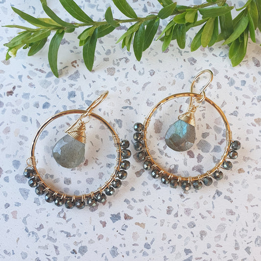 Wrapped Hoop - Pyrite and Labradorite